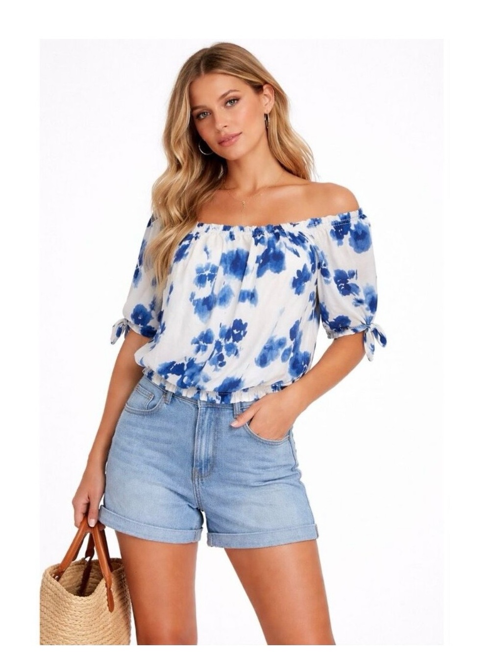 Michael Kors White Off-Shoulder Top with Blue Floral Print